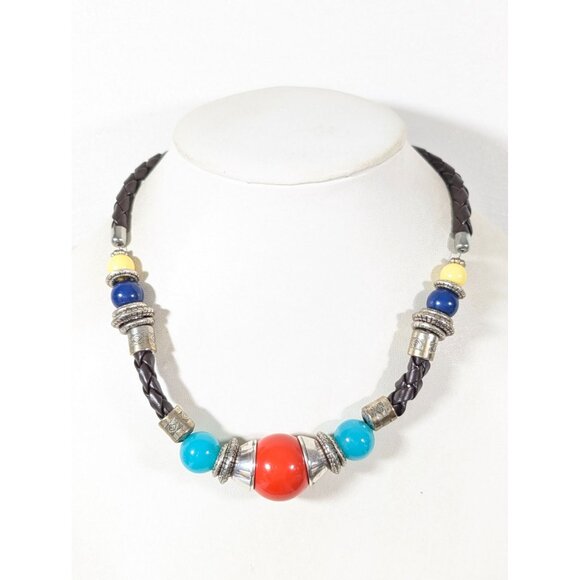 Boho Western Orange Blue Bead Braided Cord Necklace Statement Bold 21" - Picture 1 of 8